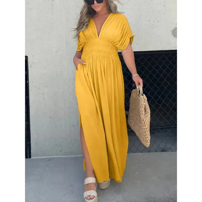 acelimosf™- SLIT V-NECK EFFORTLESS MAXI LONG DRESS