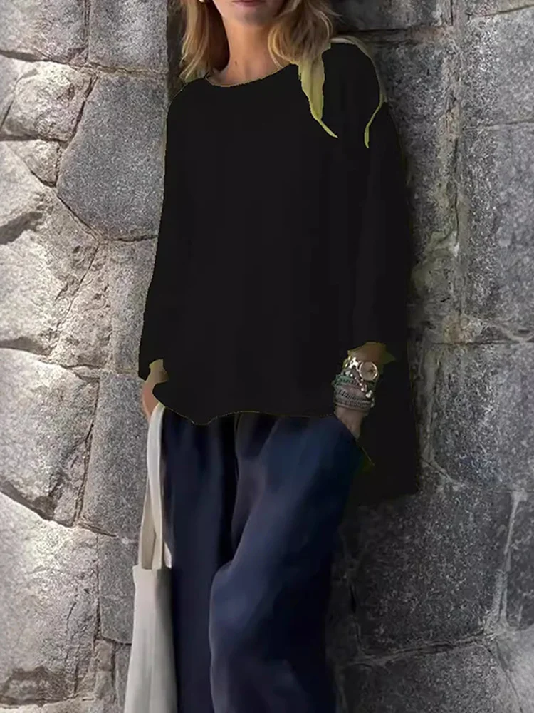 Women Solid Color Cotton And Linen Long Sleeve Shirt