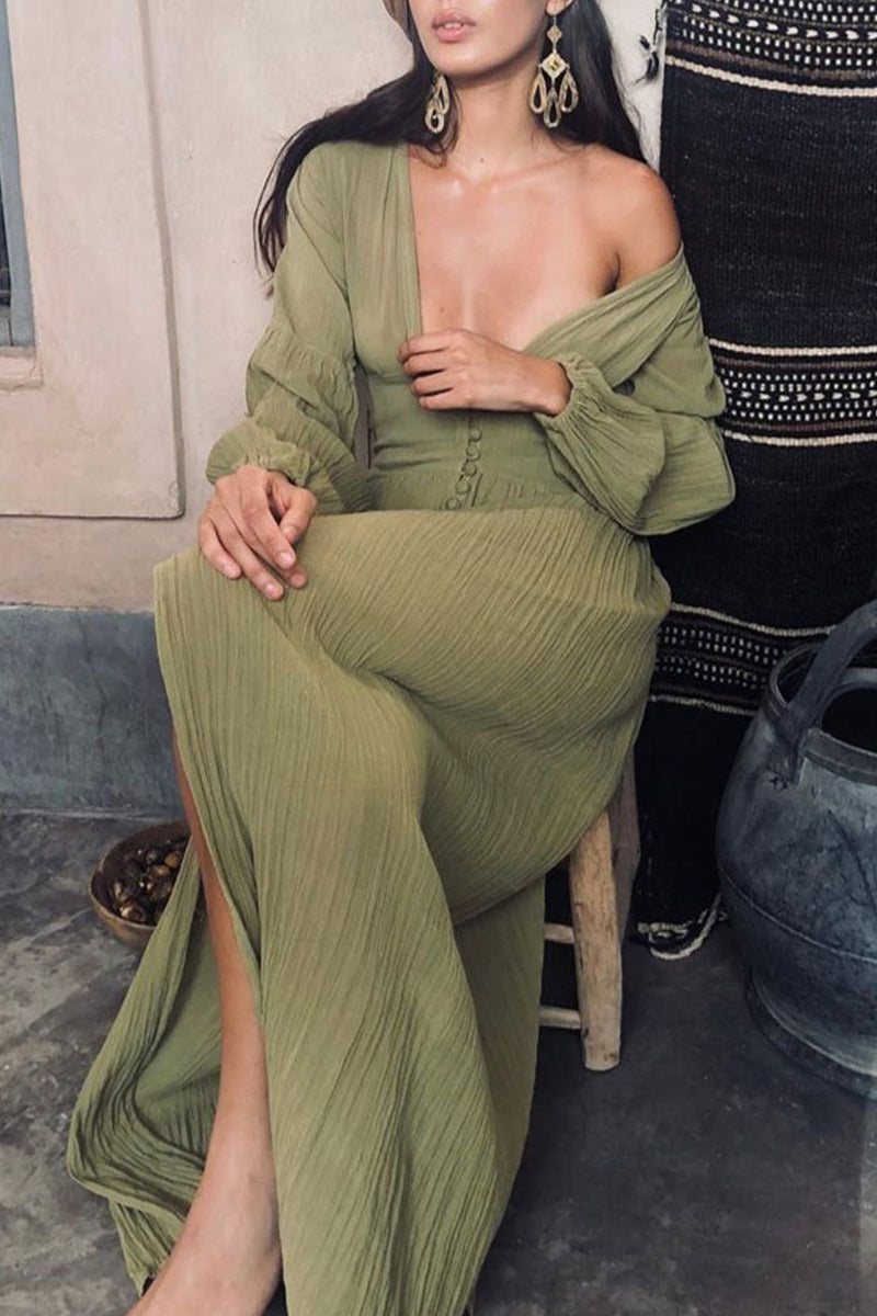 acelimosf™-Sexy Solid Buckle Fold V Neck Pencil Skirt Dresses