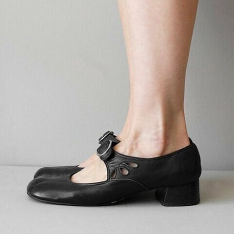 Mary Jane Leather Comfortable Low-Heeled Buckle Strap Shoes