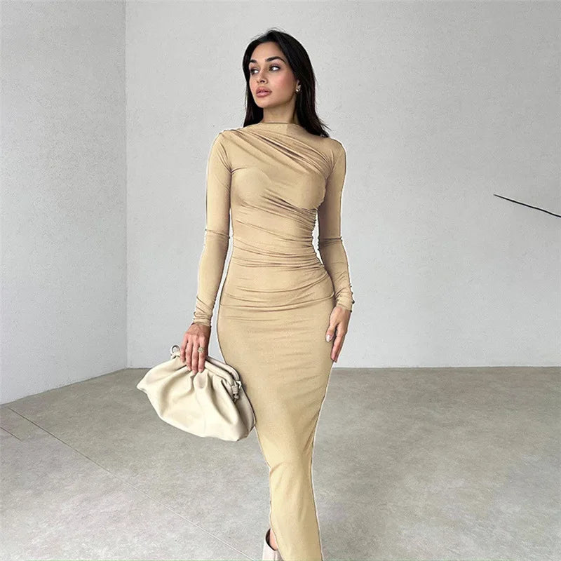 acelimosf™-Fashionable round neck long sleeve slim fit hip-hugging solid color elegant dress
