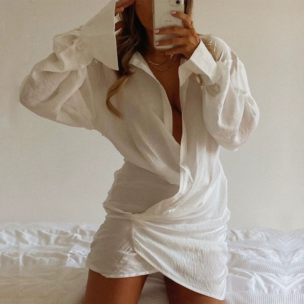 acelimosf™-Long Sleeve White Shirt Sexy Deep V Women's Linen Dress