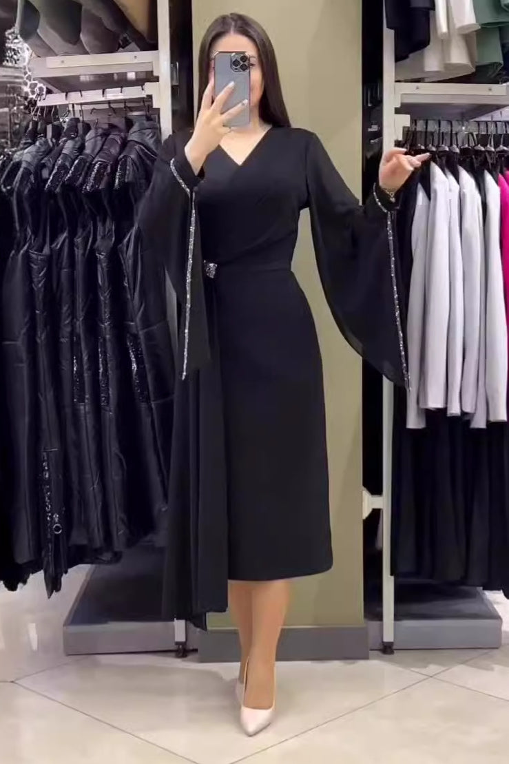acelimosf™-V-neck long-sleeved trumpet sleeves fashionable slim women's dress