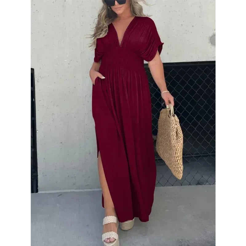 acelimosf™- SLIT V-NECK EFFORTLESS MAXI LONG DRESS