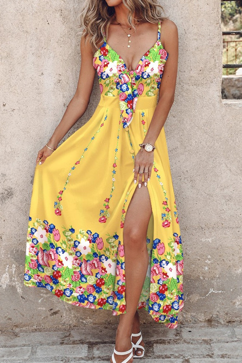 acelimosf™-Sexy Casual Print Backless Slit Spaghetti Strap Long Dresses