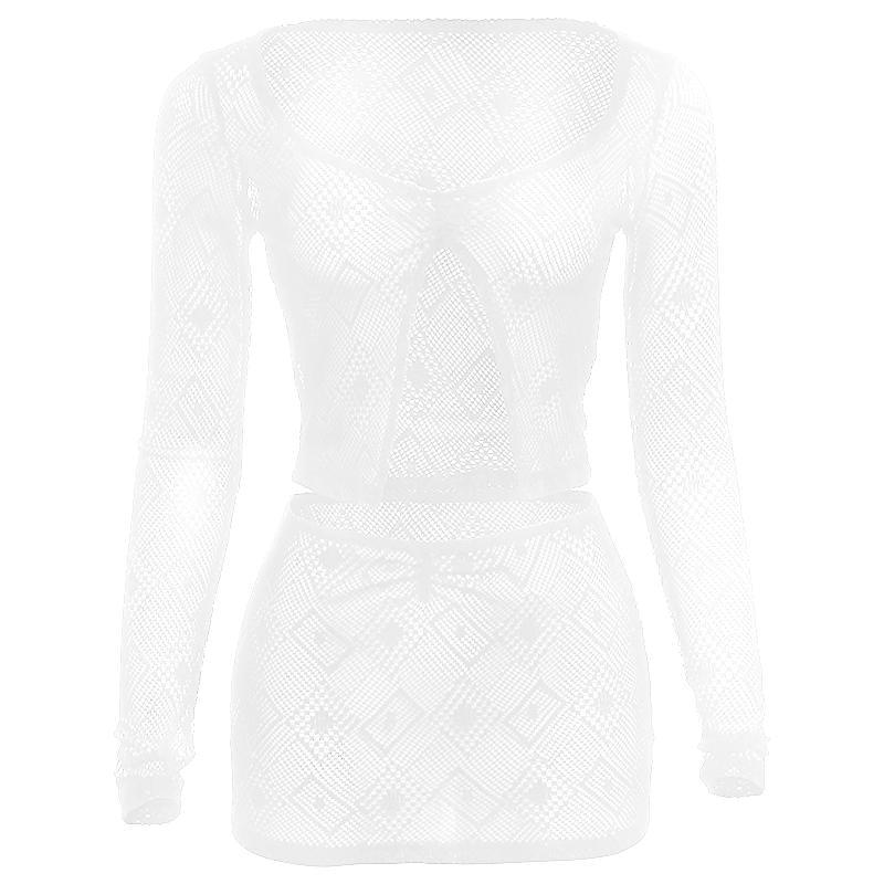 acelimosf™-See through hollow out slit long sleeve mini skirt set