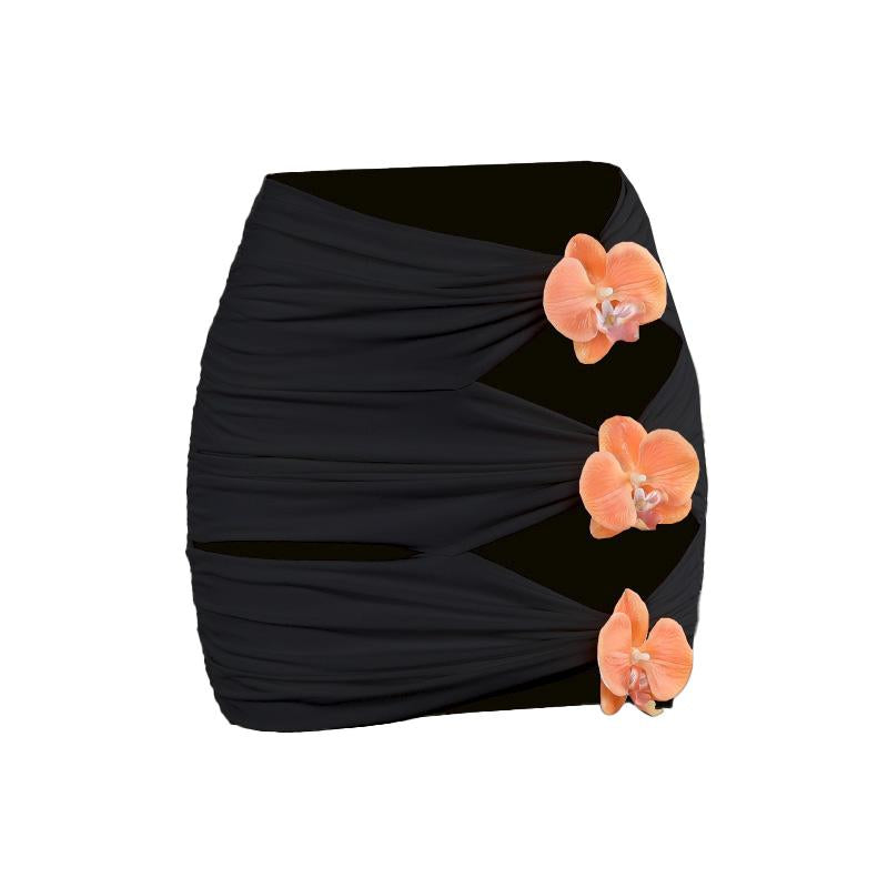 acelimosf™-Ruched flower applique hollow out mini skirt