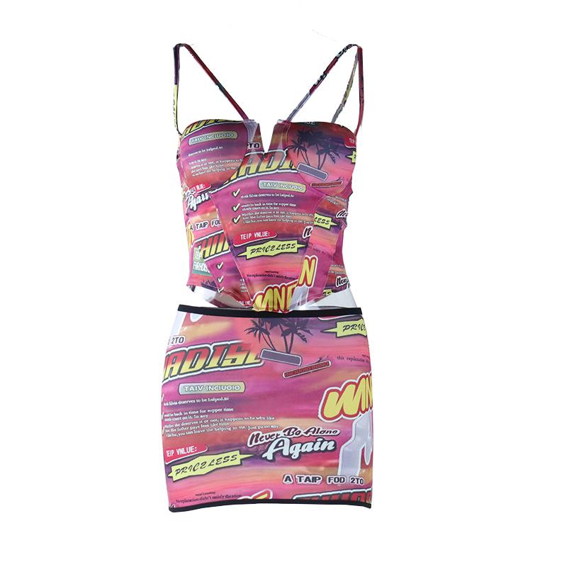 acelimosf™-Letter print padded notch neck corset cami mini skirt set