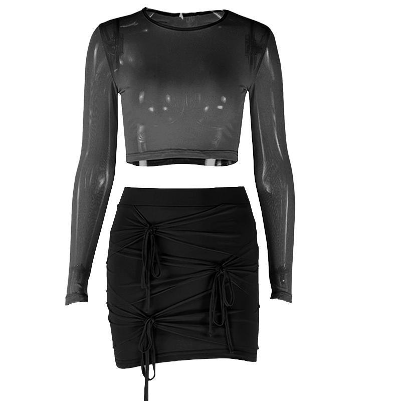 acelimosf™-Long sleeve mesh see through knotted mini skirt set