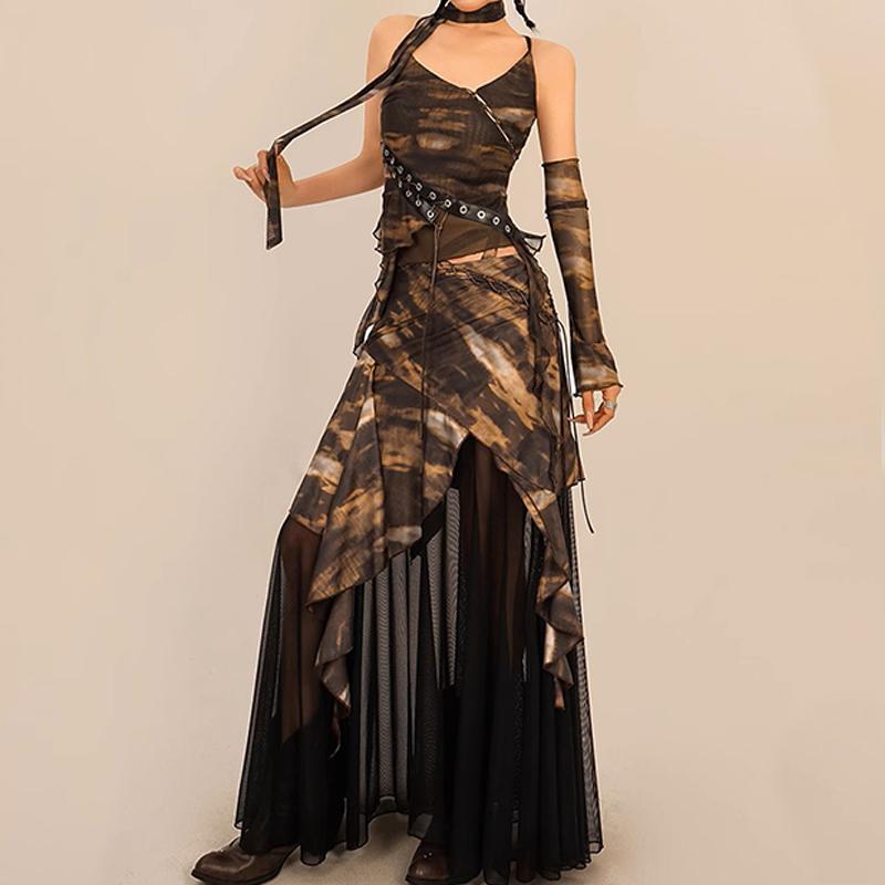 acelimosf™-Irregular cross back lace up print mesh gloves maxi skirt set