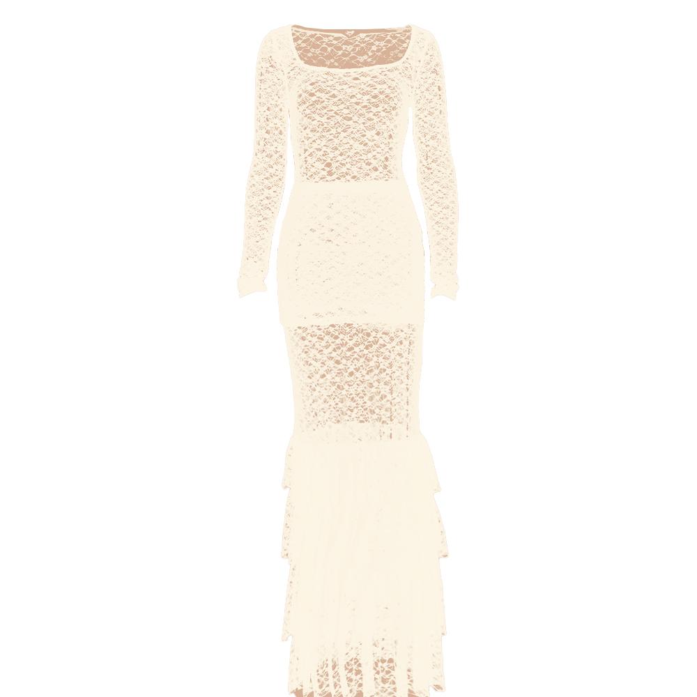 acelimosf™-Long sleeve lace see through ruffle maxi skirt set