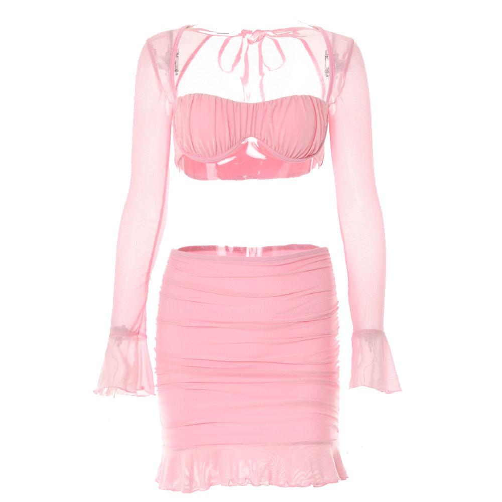 acelimosf™-Mesh hollow out solid ruffle long sleeve ruched mini skirt set
