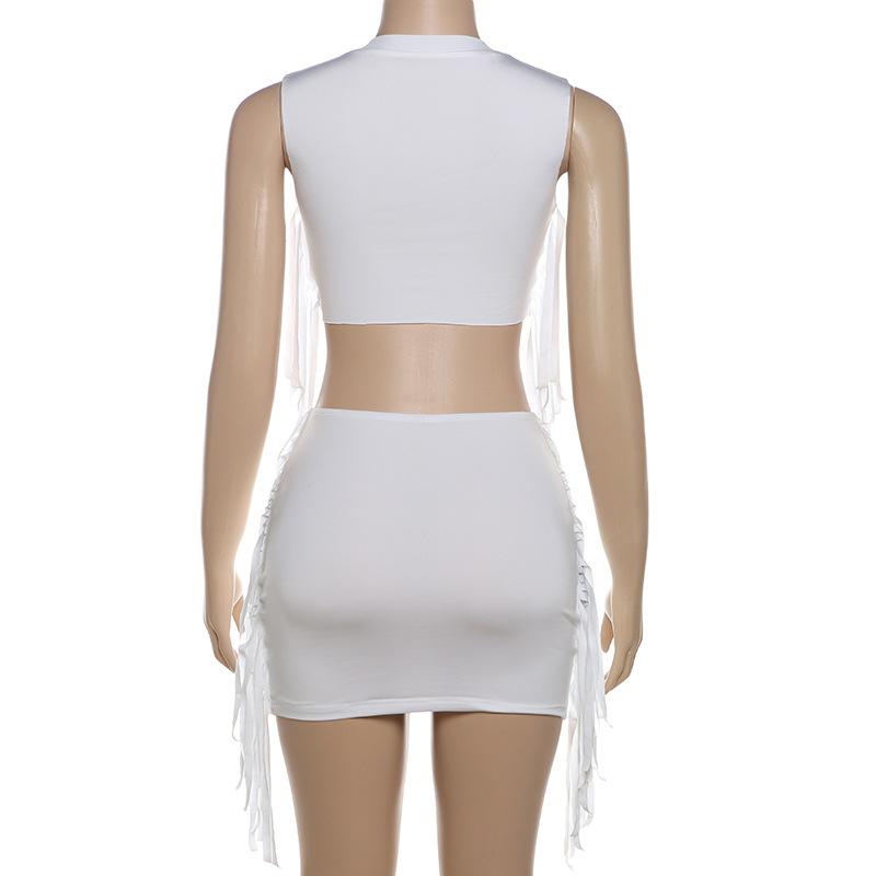 acelimosf™-Sleeveless print tassel crop mini skirt set