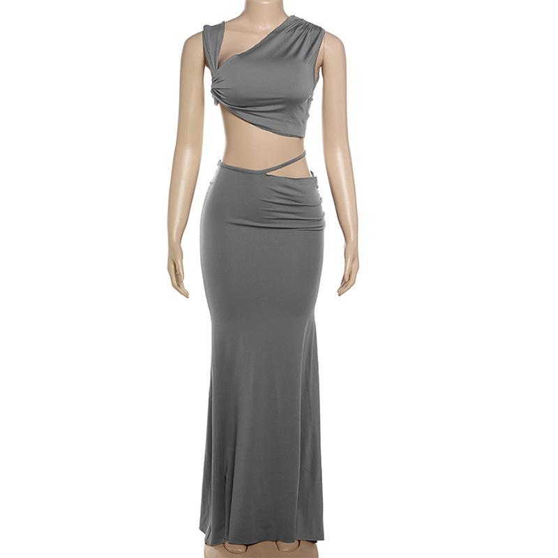 acelimosf™-Ruched irregular solid crop maxi skirt set