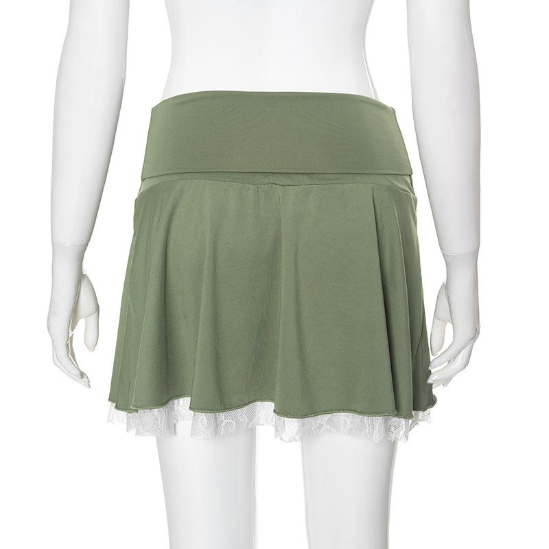 acelimosf™-Lace hem slit A line stitch mini skirt