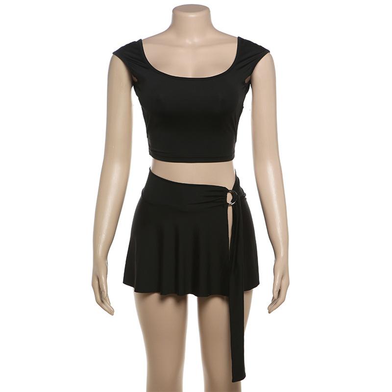 acelimosf™-U neck backless o ring solid mini skirt set