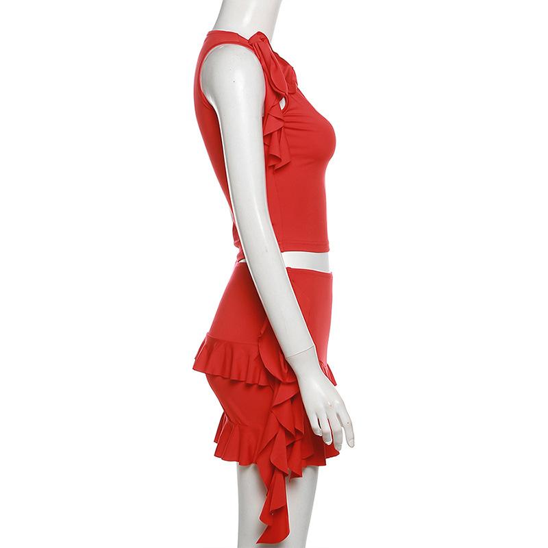 acelimosf™-Crewneck ruffle solid self tie mini skirt set