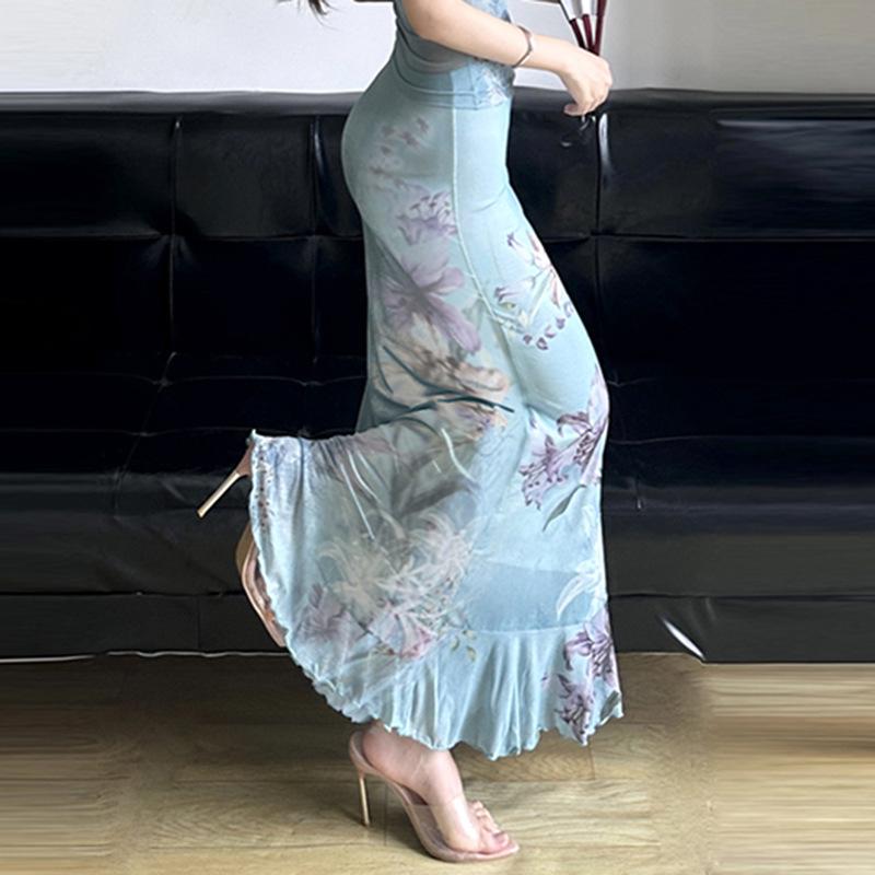 acelimosf™-Ruched ruffle cowl neck flower print mesh maxi skirt set