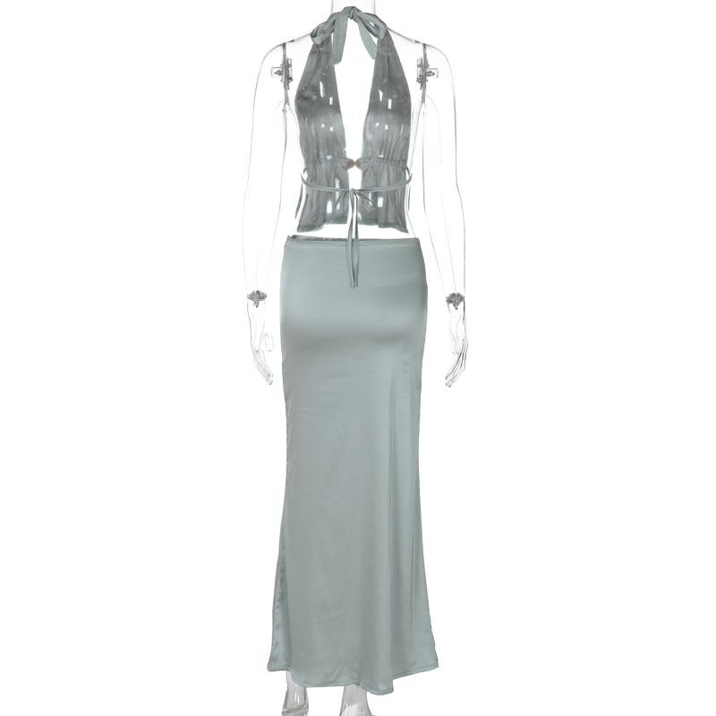 acelimosf™-Halter metal button satin backless maxi skirt set