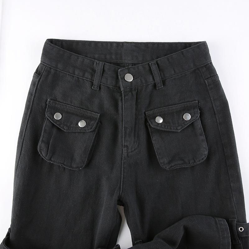 acelimosf™-Button contrast abstract pattern cargo pocket high rise jeans goth Alternative Darkwave Fashion goth Emo Darkwave Fashion