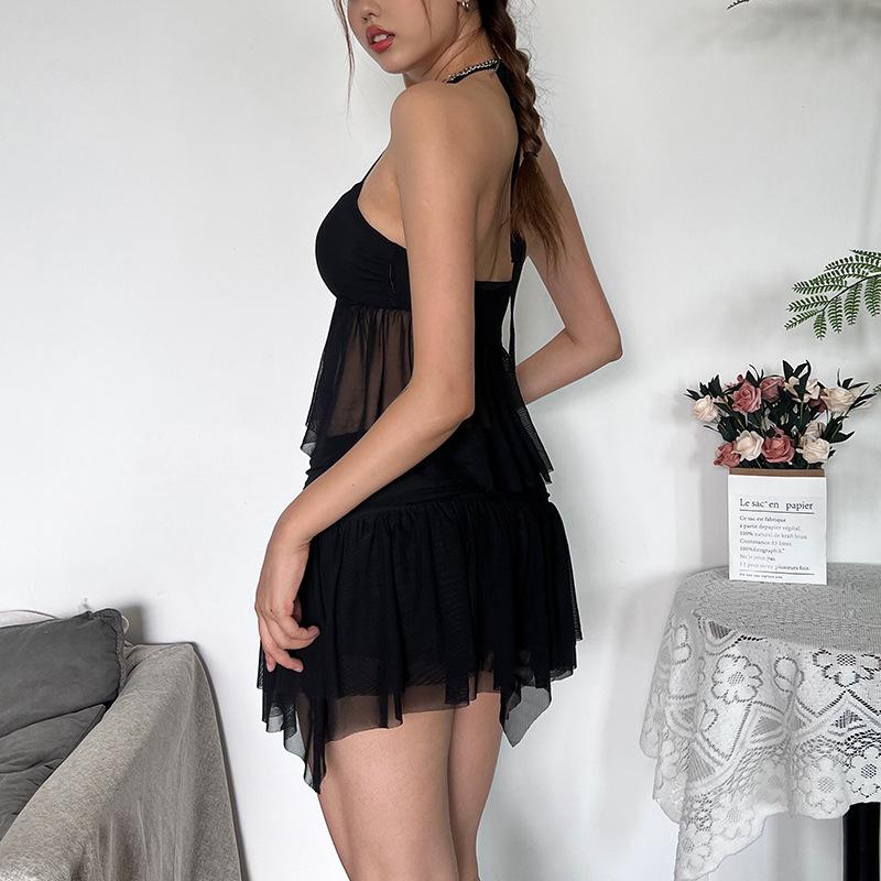 acelimosf™-Halter ruffle mesh v neck ruched mini skirt set