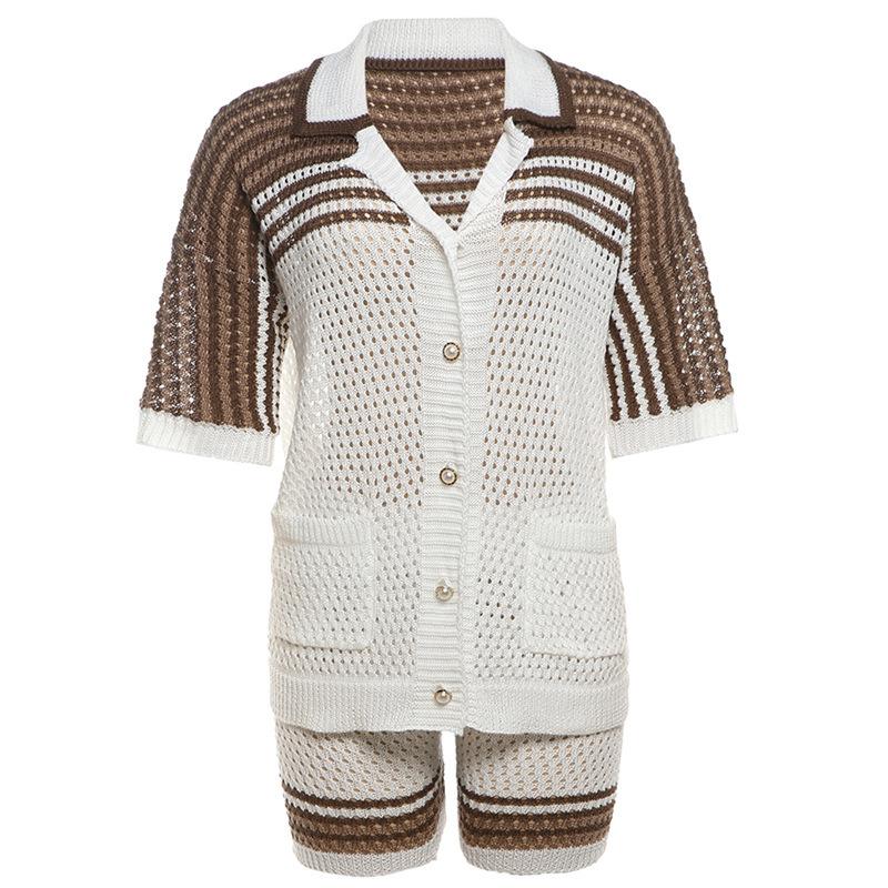 acelimosf™-Turnover collar short sleeve button hollow out pant set
