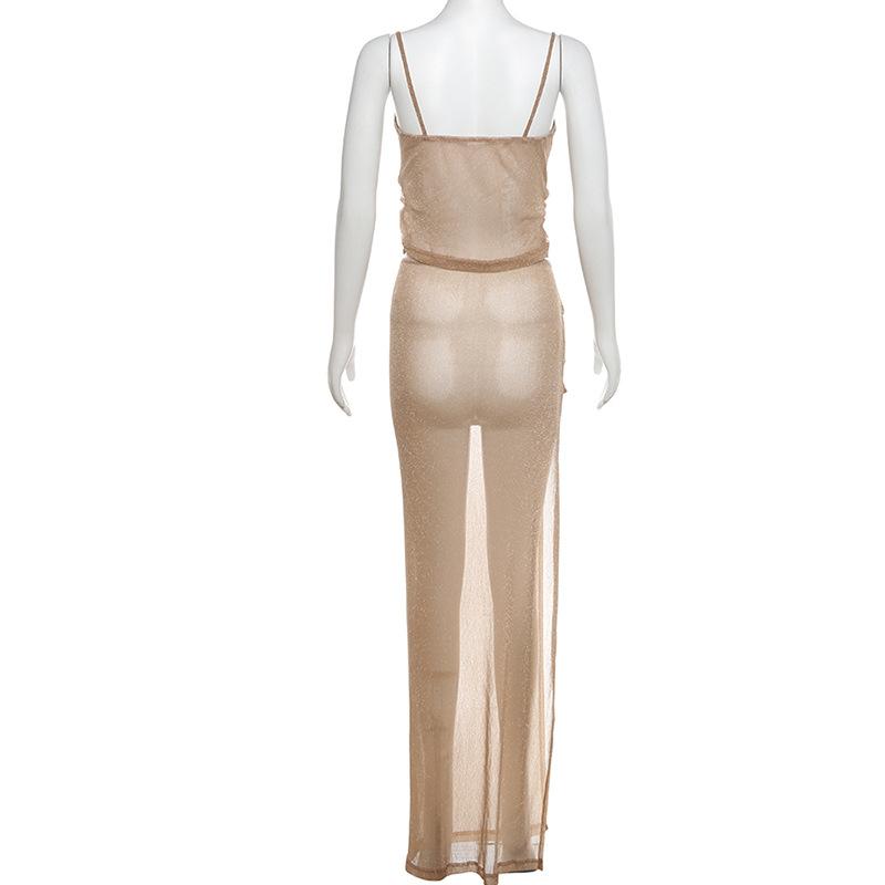 acelimosf™-Cowl neck metallic high slit cami maxi skirt set