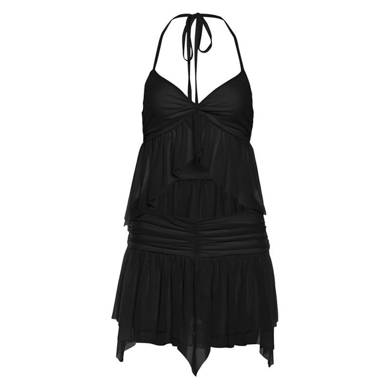 acelimosf™-Halter ruffle mesh v neck ruched mini skirt set