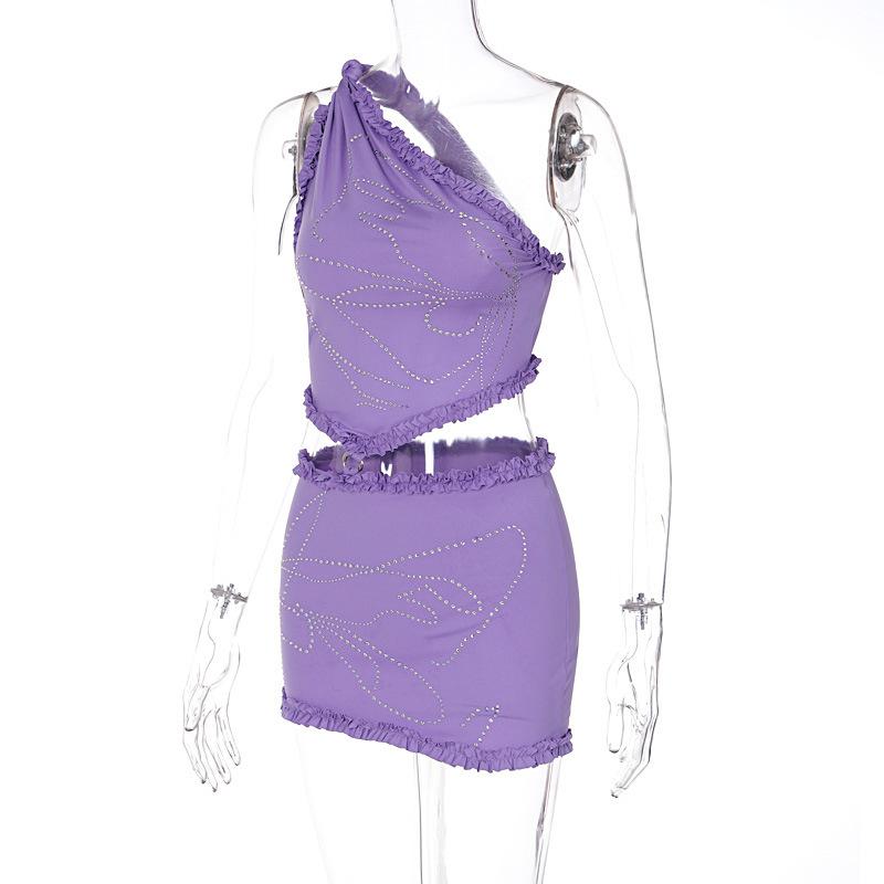 acelimosf™-Sleeveless one shoulder ruffle beaded mini skirt set