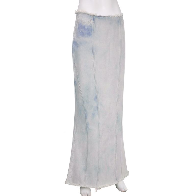 acelimosf™-Tie dye raw hem zip-up slit midi skirt y2k 90s Revival Techno Fashion