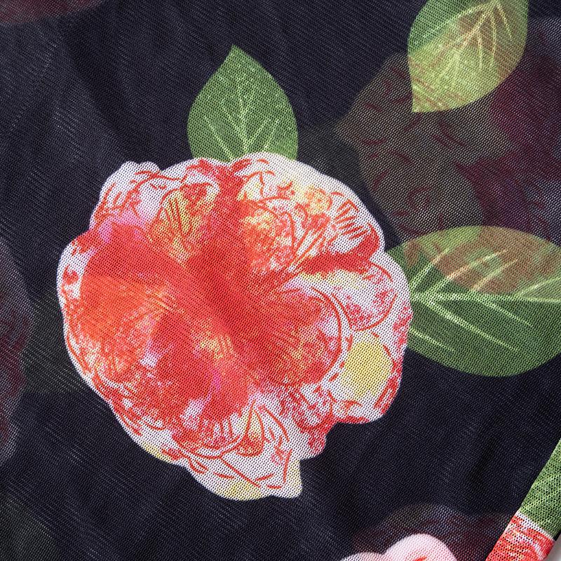 acelimosf™-Sheer mesh flower print contrast maxi skirt