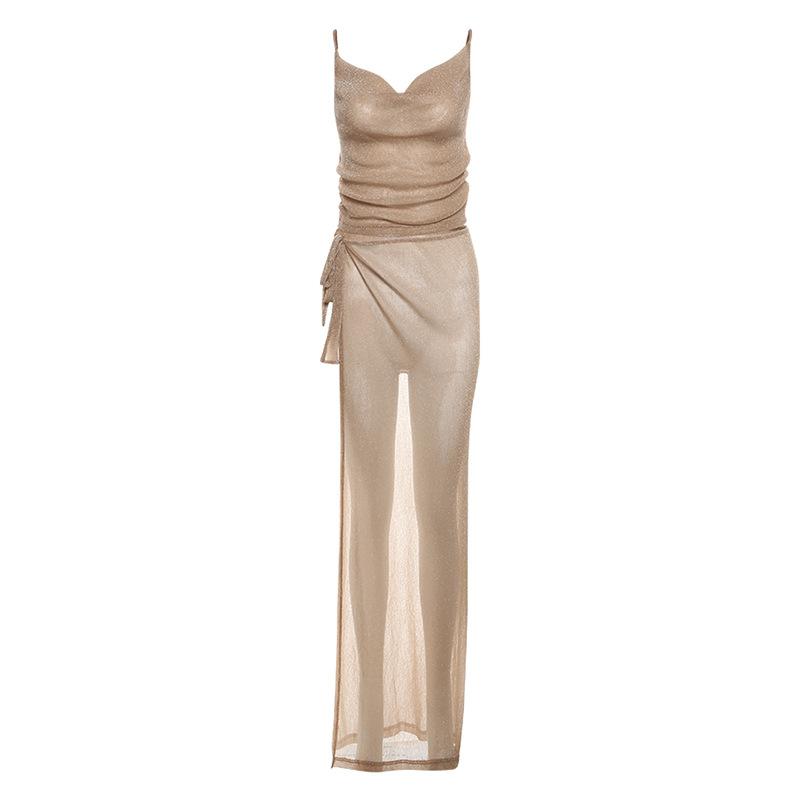 acelimosf™-Cowl neck metallic high slit cami maxi skirt set
