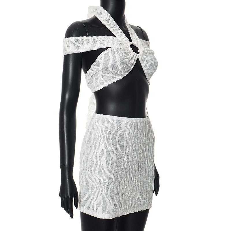 acelimosf™-Halter textured off shoulder knitted o ring mini skirt set