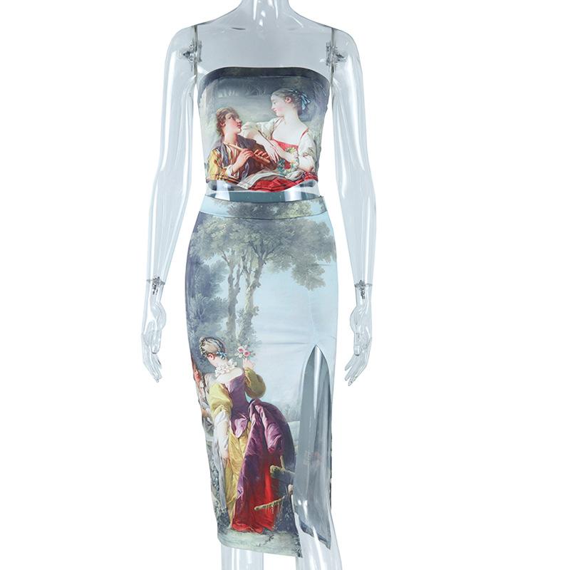 acelimosf™-Slit print contrast backless tube midi skirt set