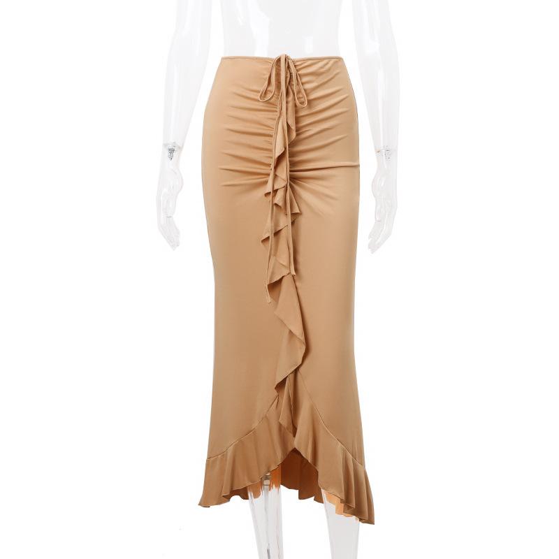acelimosf™-Ruffle solid ruched self tie low rise midi skirt y2k 90s Revival Techno Fashion