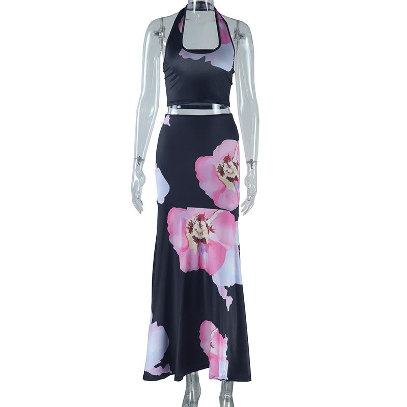 acelimosf™-Halter backless flower print midi skirt set