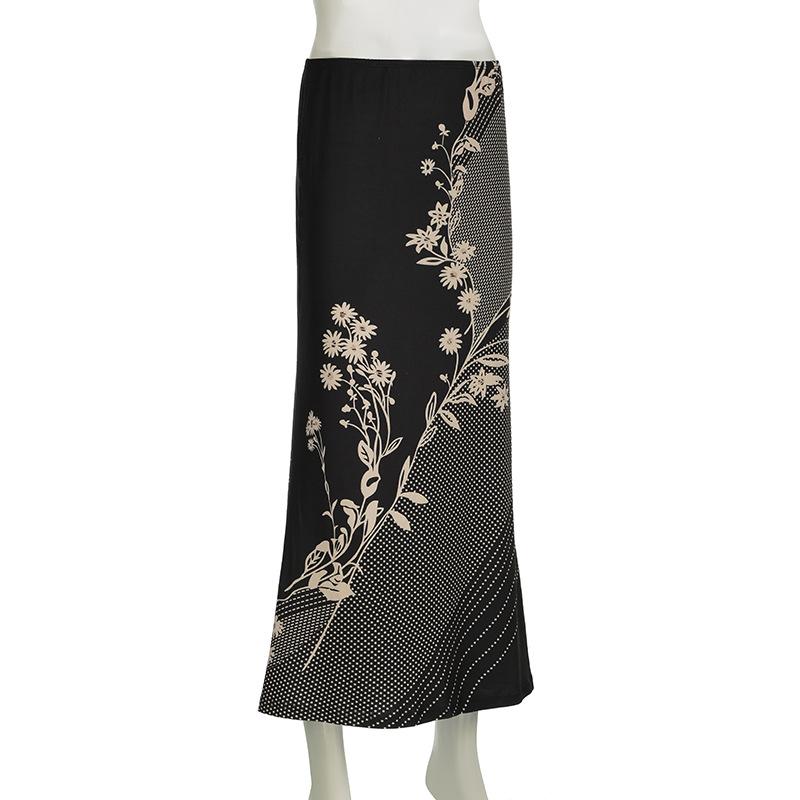 acelimosf™-Polka dot flower print contrast maxi skirt