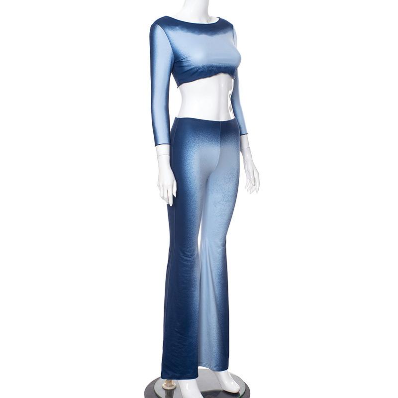 acelimosf™-Long sleeve gradient crewneck ruffle pant set