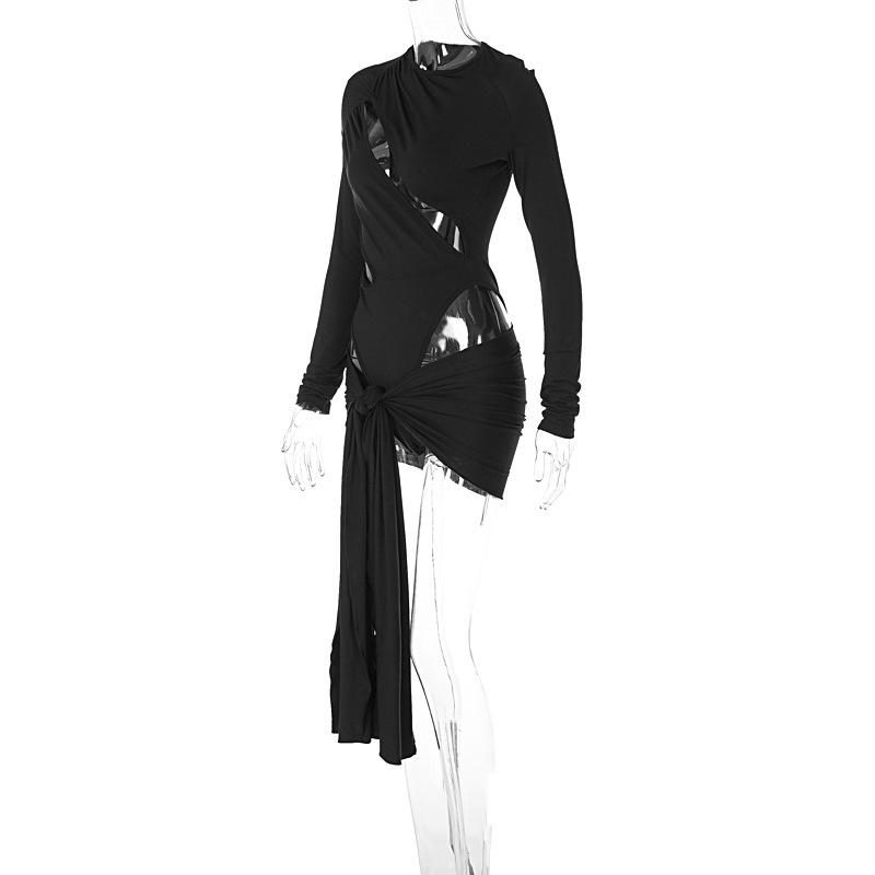 acelimosf™-Long sleeve solid hollow out button bodysuit mini dress skirt set