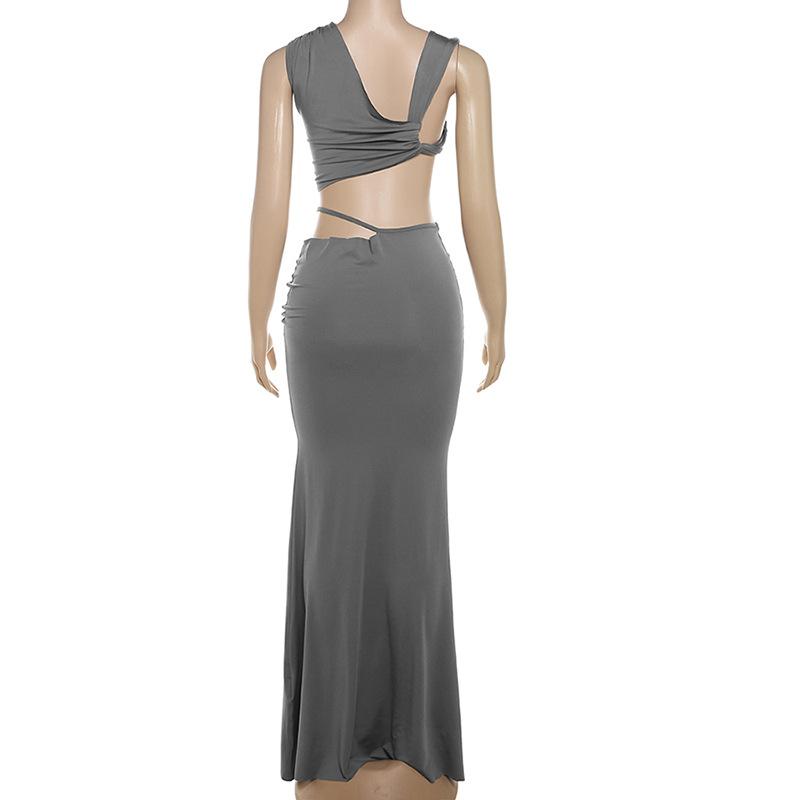 acelimosf™-Ruched irregular solid crop maxi skirt set