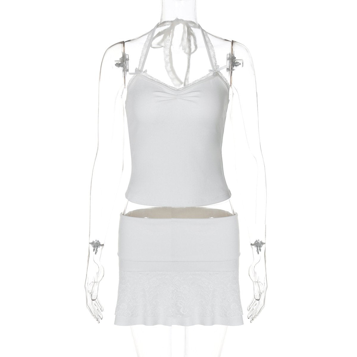 acelimosf™-Halter lace hem bowknot mini skirt set