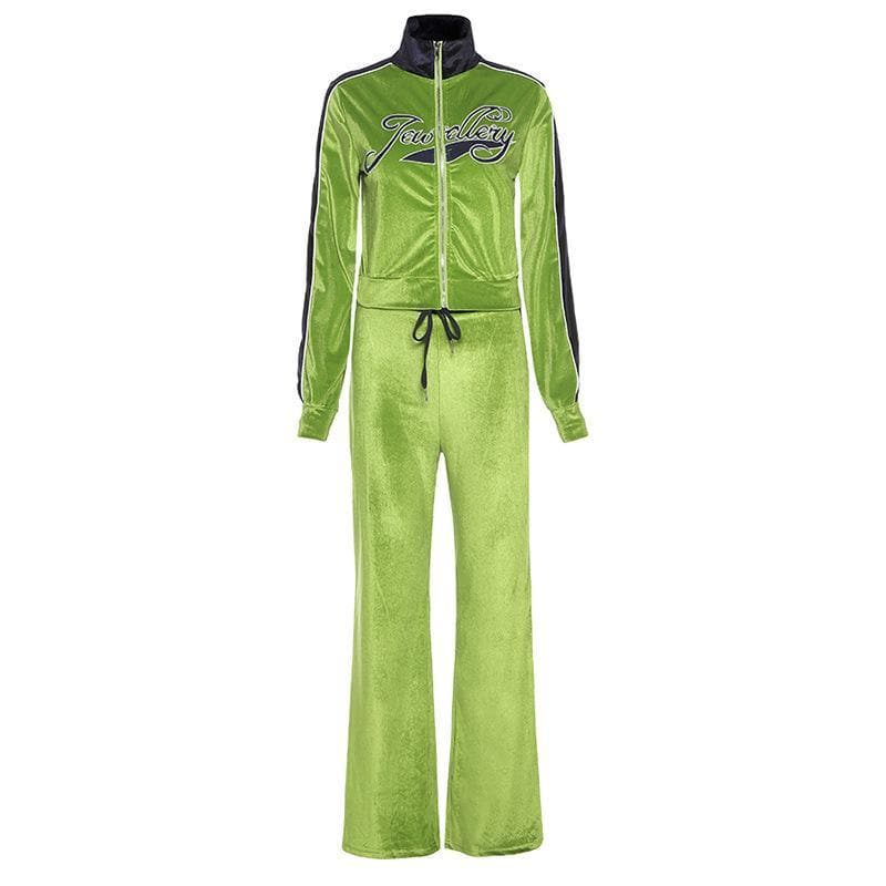 acelimosf™-Zip-up letter embroidered high neck pant set y2k 90s Revival Techno Fashion