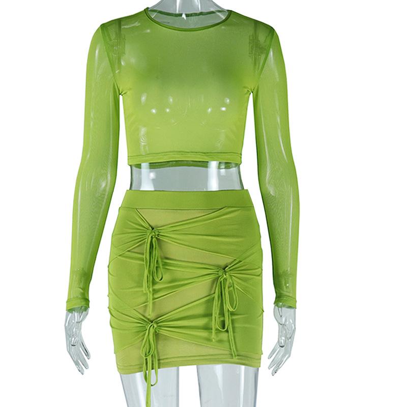 acelimosf™-Long sleeve mesh see through knotted mini skirt set