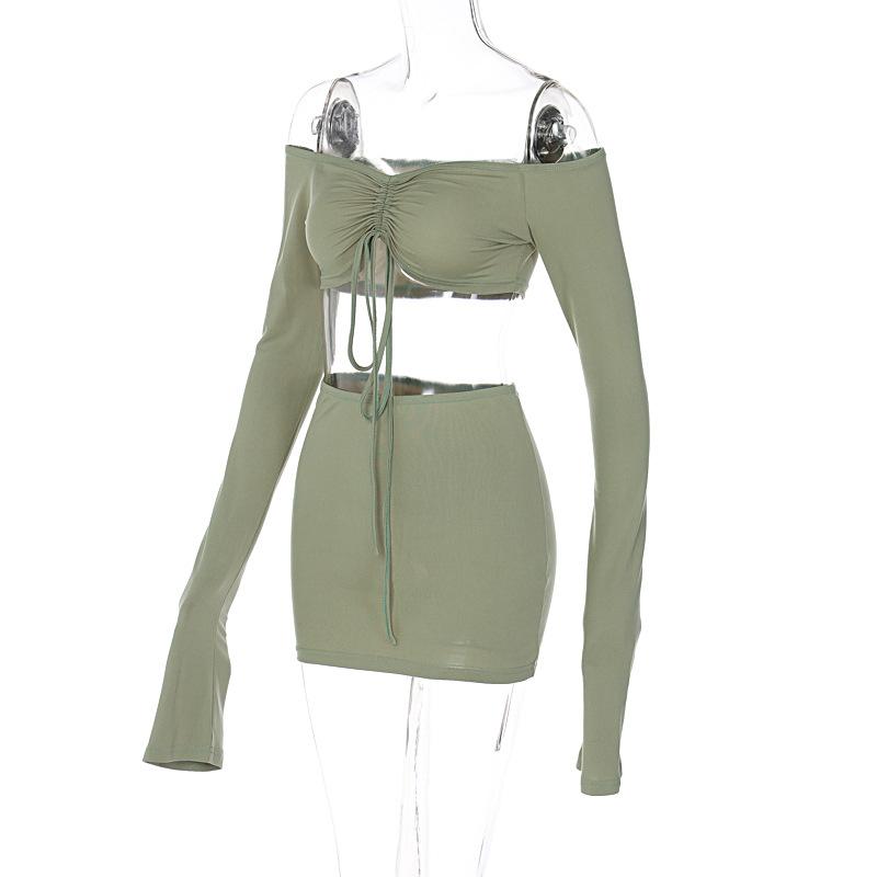 acelimosf™-Drawstring off shoulder long sleeve solid mini skirt set