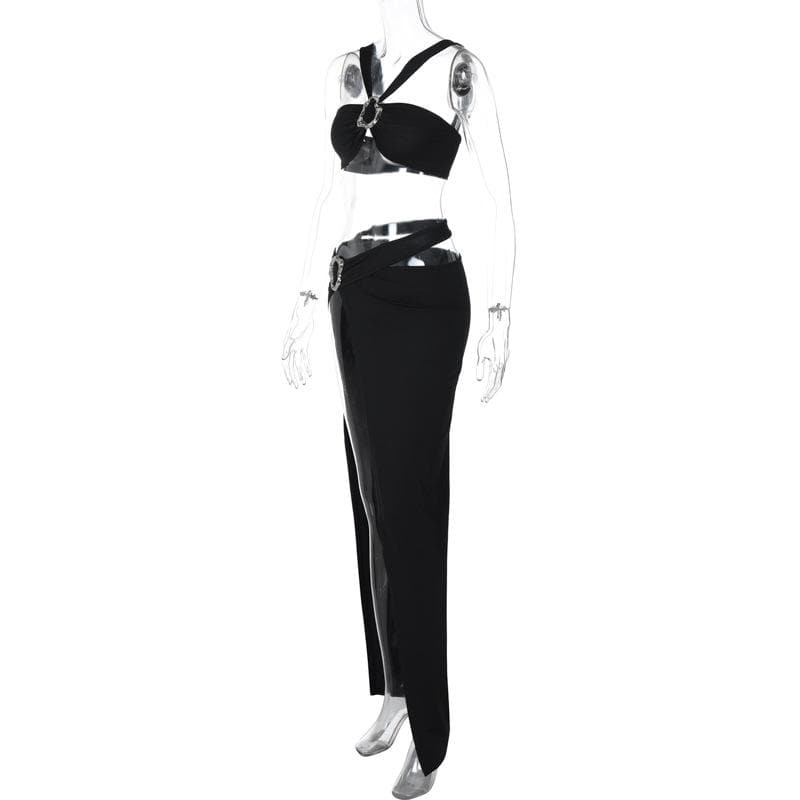 acelimosf™-O ring high slit hollow out ruched backless cami maxi skirt set