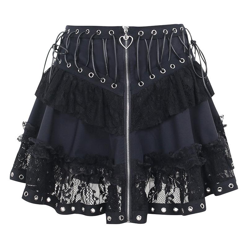 acelimosf™-Zip-up lace up patchwork lace ruffle mini skirt goth Alternative Darkwave Fashion goth Emo Darkwave Fashion