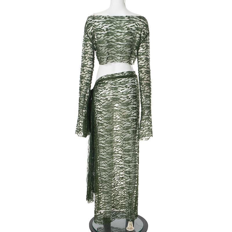 acelimosf™-Long sleeve lace see through irregular maxi skirt set