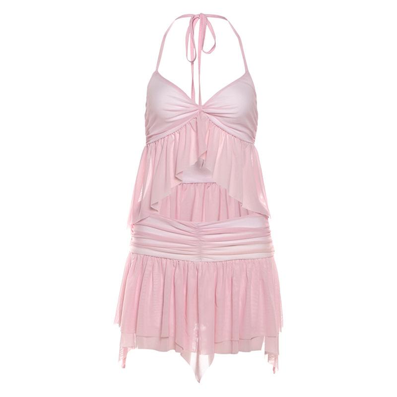 acelimosf™-Halter ruffle mesh v neck ruched mini skirt set