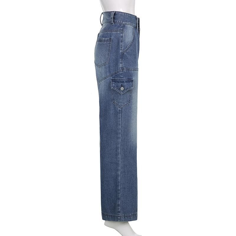 acelimosf™-High rise straight leg button gradient pocket jeans y2k 90s Revival Techno Fashion