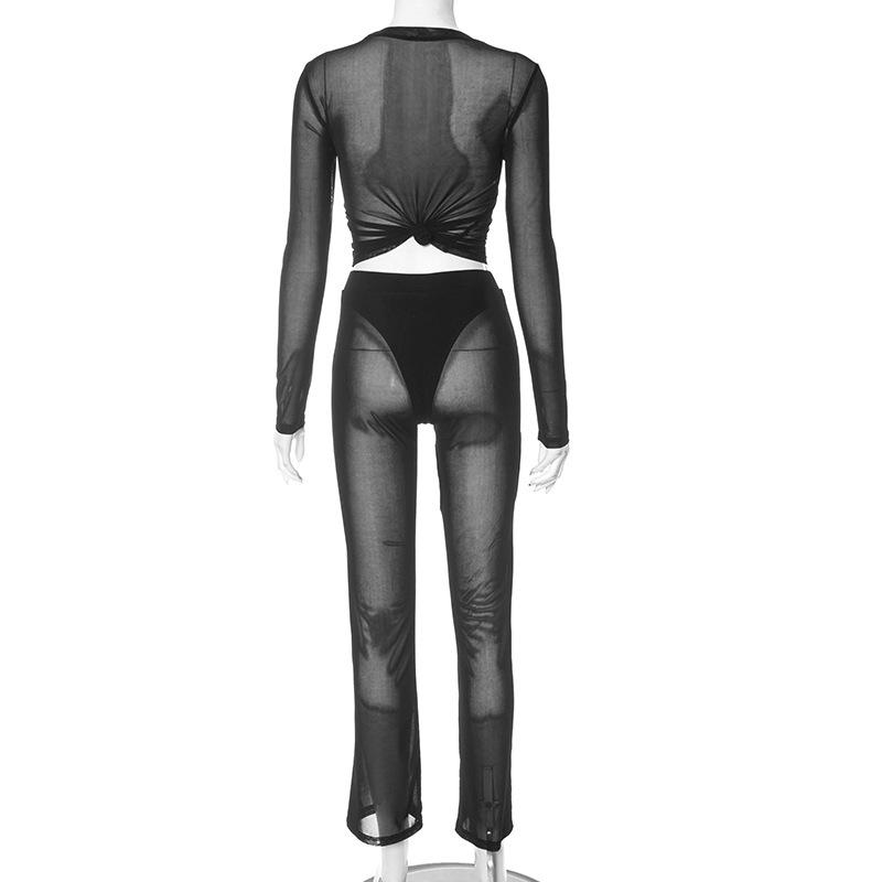 acelimosf™-Mesh see through hollow out long sleeve solid pant set